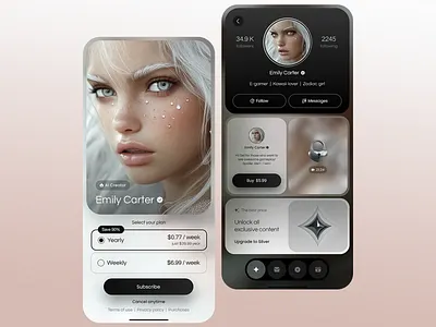 AI Creator Subscription Platform ai creator ai influencer content creator digital monetization elegant interface exclusive content influencer platform membership design mobile experience modern ui profile experience seamless ux subscription model subscription platform typography ui design user engagement user friendly ux design