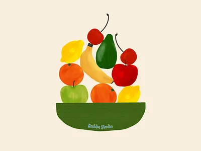 Fruity Goodness a bowl of fruits apple avocado banana cherry digital digital art digital illustration fruit art fruit illustration fruits graphic design home decor lemon office decor orange wall art wall decor