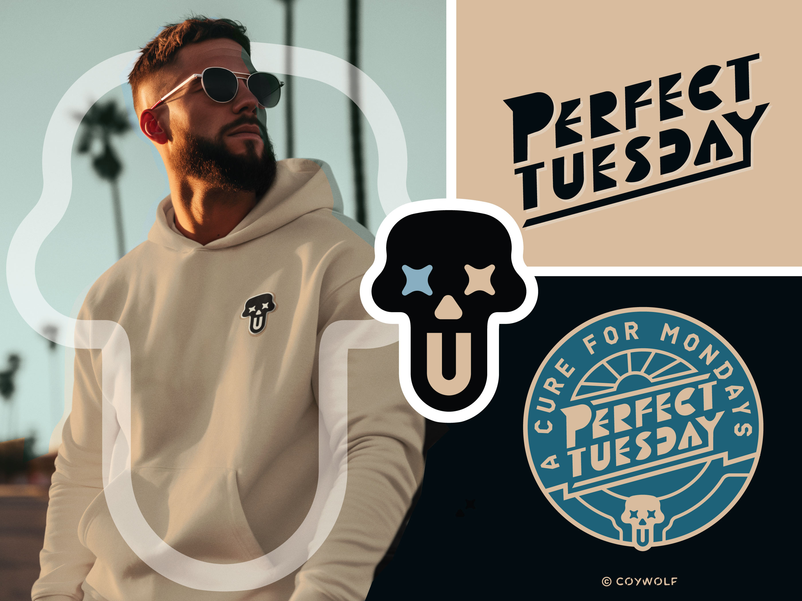 Perfect Tuesday - Clothing Co. Branding badge badge design brandark brandmark circular clothing graphic design graphics identity illustration lettering logo logo design logo tee logos mascot print skull smiley face typography