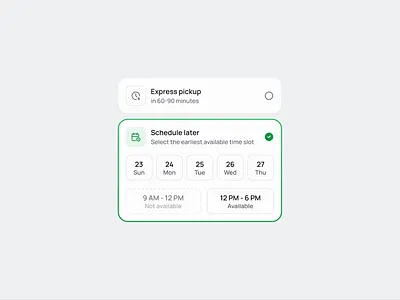 Schedule pickup card delivery design flat graphic design instant later minimal now options pickup radio schedule select selection time slot toggle ui ux vector