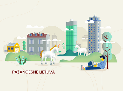 A scene from animation project about EU investments for CPVA aistepapartyte animation city creative evelinavanage graphic design green hills illustration inforgraphic laptop motion graphics patricijand scenario scene skyscrapers trees unicorn video working