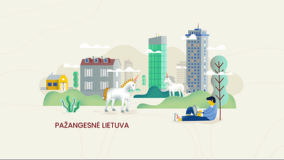 A scene from animation project about EU investments for CPVA aistepapartyte animation city creative evelinavanage graphic design green hills illustration inforgraphic laptop motion graphics patricijand scenario scene skyscrapers trees unicorn video working
