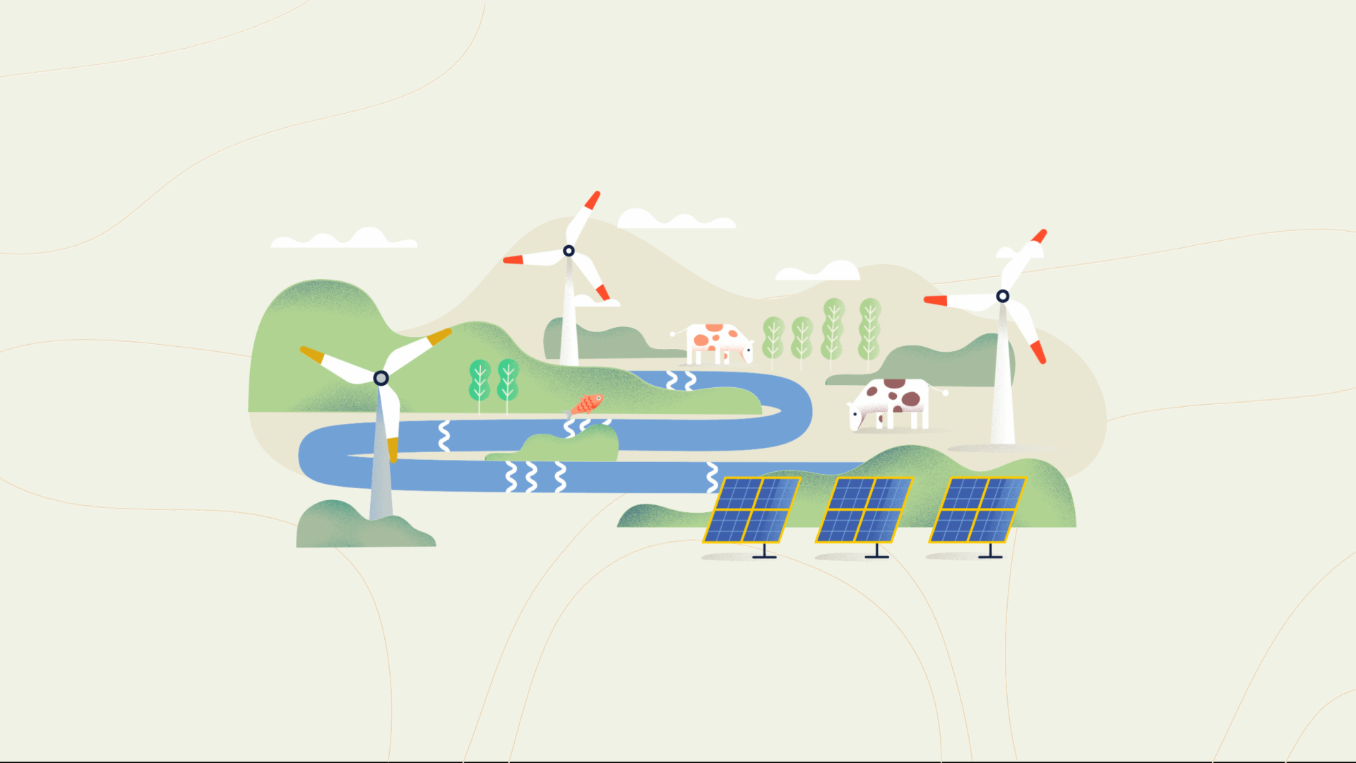 A scene from animation project about EU investments for CPVA 2d aftereffects aistepapartyte animation clouds creative design evelinavanage fish graphic design hills illustration illustrator motion graphics panels patricijand river solar wind windmill