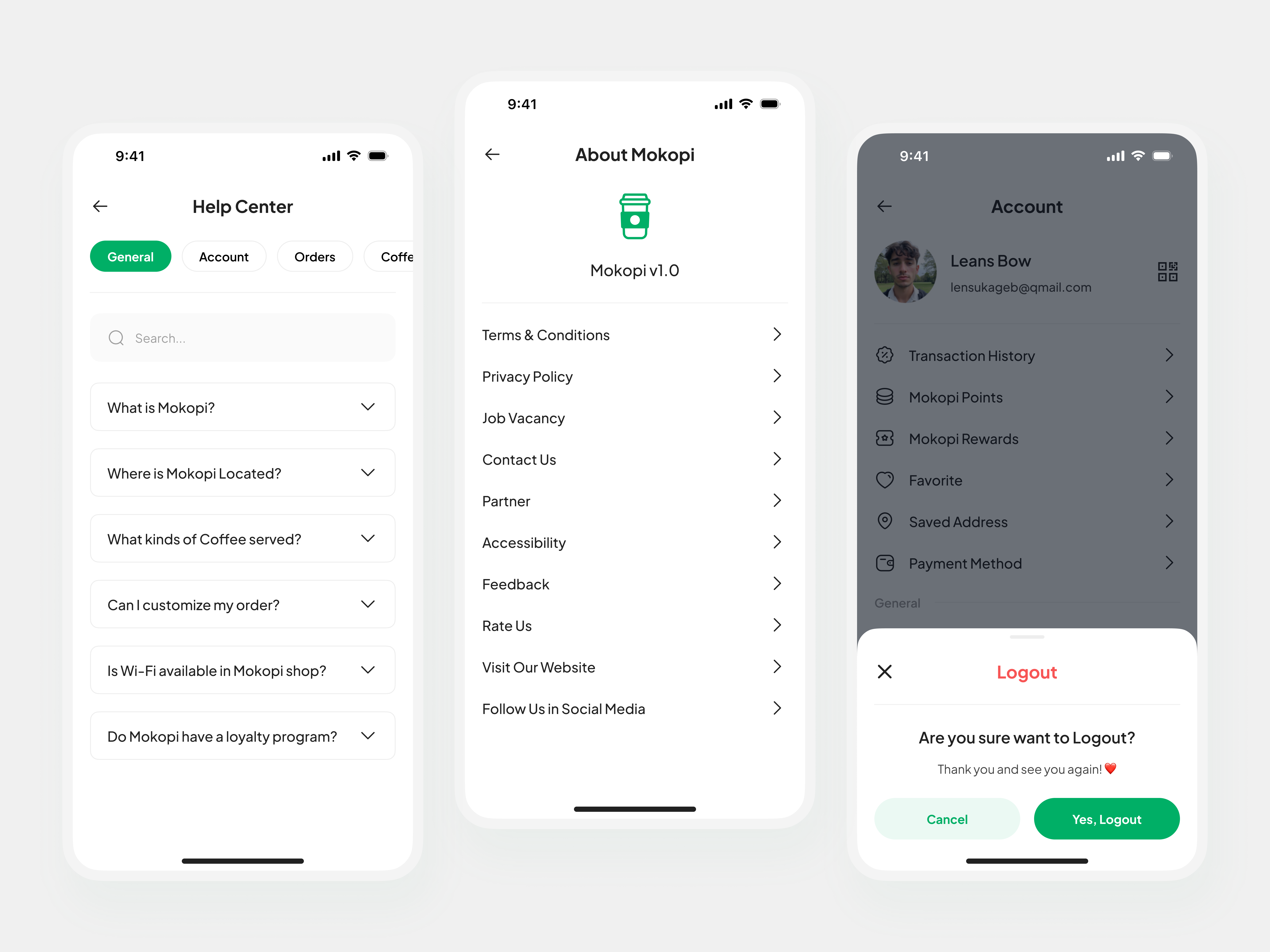 Mokopi, Account, Help, About, Log Out flow | Mobile UI Kit admin dashboard ai agent brand identity branding clean delivery e commerce exploration graphic chart marketplace buzz minimalist product design retail shop saas shopping cart travel trends ui web3