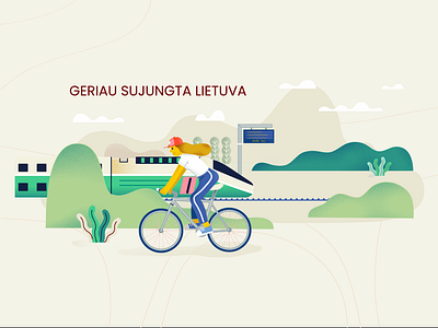 A scene from animation project about EU investments for CPVA 2d aftereffects aistepapartyte animation bicycle clouds creative design evelinavanage graphic design hills illustration illustrator lietuva motion graphics patricijand scene station train woman