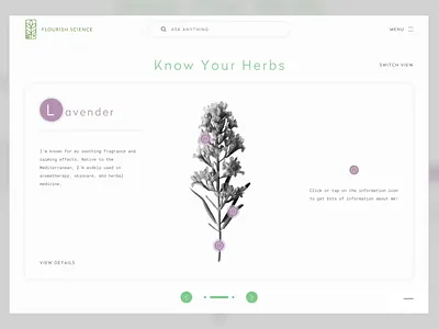 Interactive Product Detail animation branding creative design detail view herb infographics list list view motion graphics prototype research science ui website