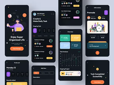 Task and Project Management Mobile App (Dark Version) animation app design branding dotpixel agency graphic design mobile app design modern to do list app motion graphics organize product design productivity project management tool schedule task app task management app design tast management to do list app tracking user interface work list
