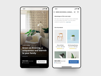 E-commerce furniture app, list products by inspiration room app clean e commerce furniture inspiration room list products mobile mobileapp room ui uidesign ux uxdesign