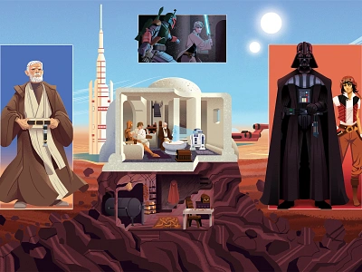 Kenobi’s Home 🏜️ adobe brush character design darthvader desert digitalart drawn editorialillustration illustration illustrator kenobi lukeskywalker muti obiwan photoshop star wars tatooine vector