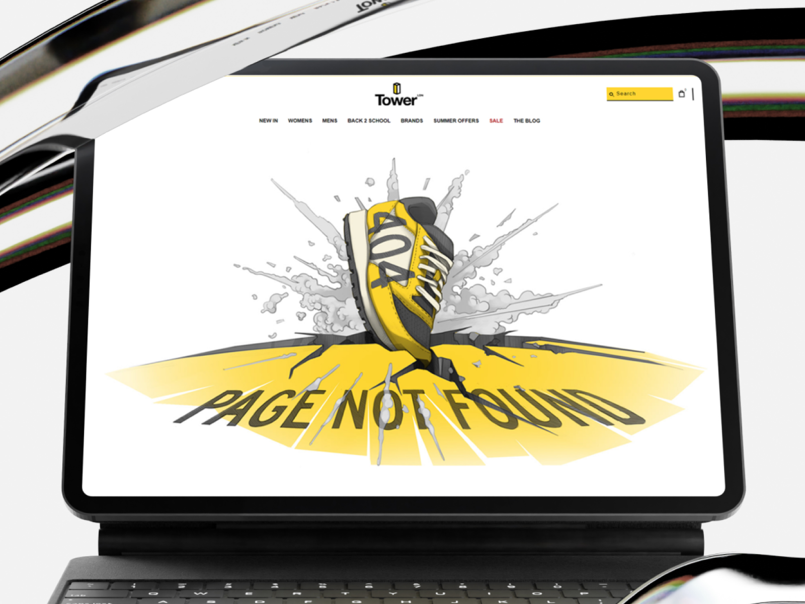 Tower London - 404 Page Illustration black and yellow illustration brandidentity digital illustration ecommercedesign graphicdesign illustration modern illustration shoe illustration uiuxdesign webdesign yellow illustration