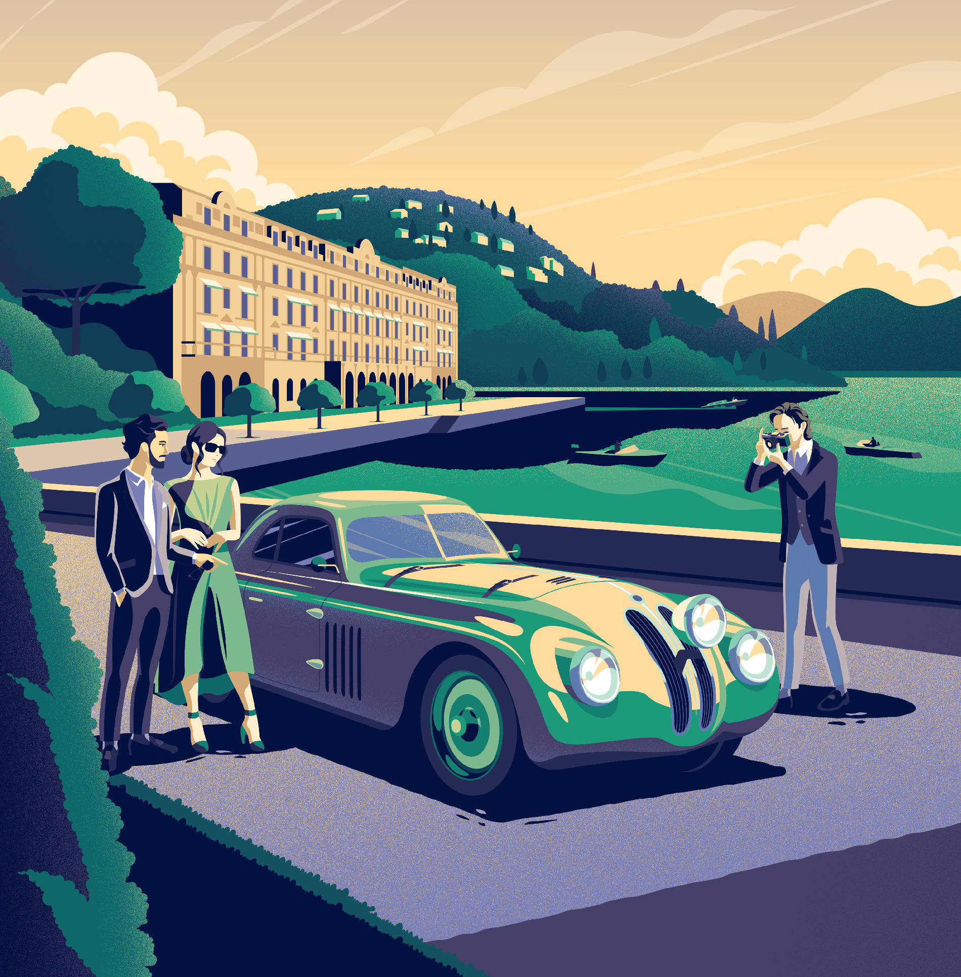 Concorso d'Eleganza Villa d'Este bmw bmw328 car show classic car film poster grand hotel illustration italy lake como le mans limited color luxury photographer purple retro style vector illustration