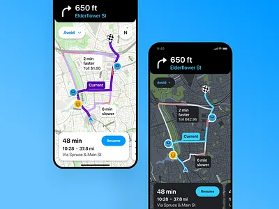 Waze - iOS app / Light vs. Dark modes card dark mode fab floating button headear interaction design ios app light mode map design mobile app mobile design navigation app product design routes selected indication ui ux ux ui