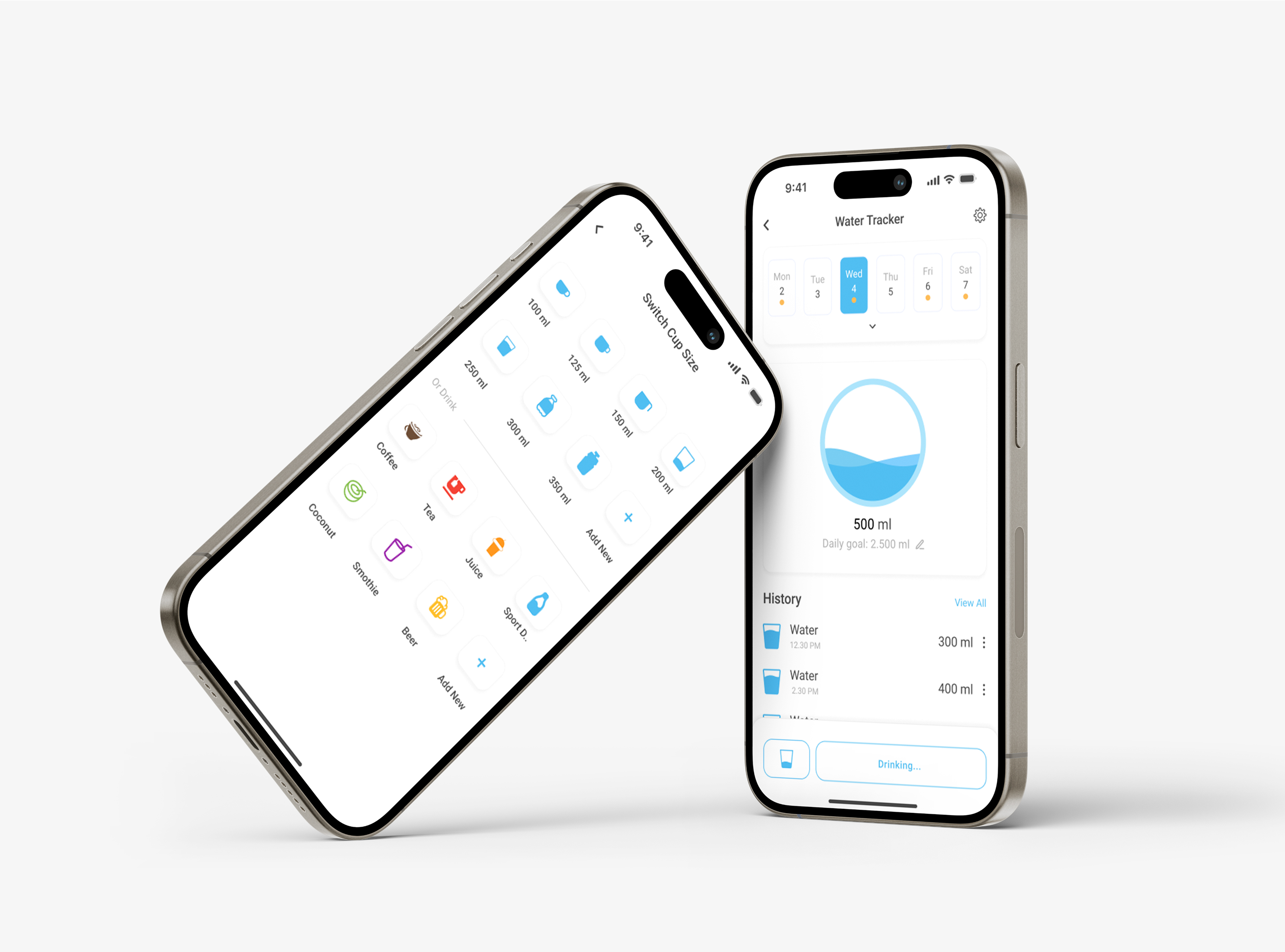 Water Tracker and Reminder - Mobile App UI ai coach calories counter calories tracker calory tracking fitness app ui food log food suggestion app food tracking ui gym app water alarm water logging water reminder water tracker weight loss app