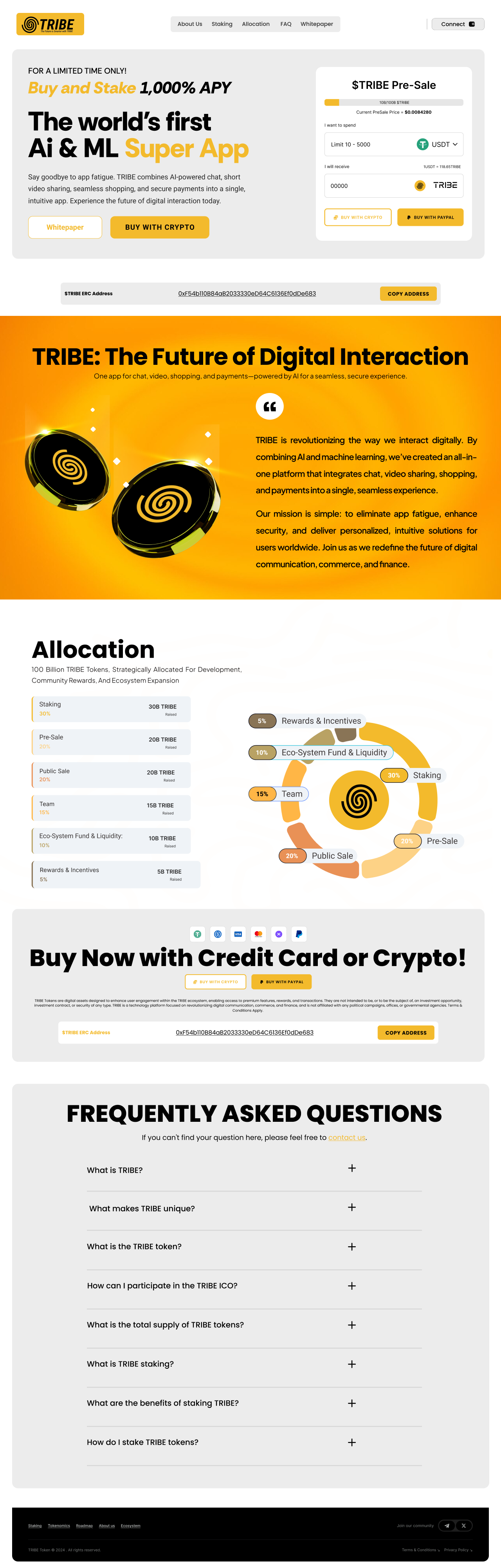 TRIBE: AI-Powered Super App { ICO + Stacking } + Dashboard dapp dashboard landing page logo web3