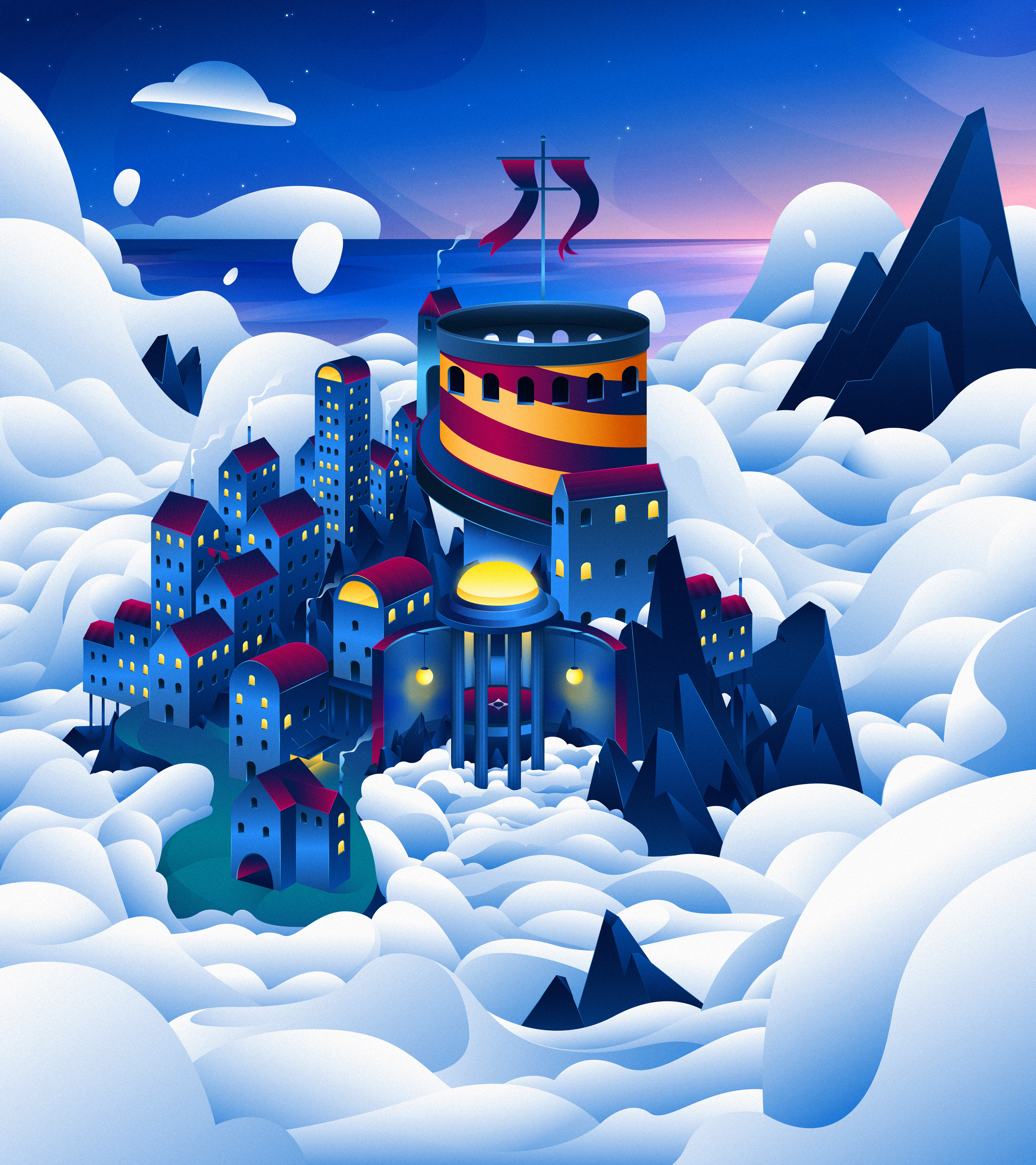 Sea Foam Town architecture background illustration castle city clouds cody muir design fantasy illustration illustrator magicmuir ocean sunset vector