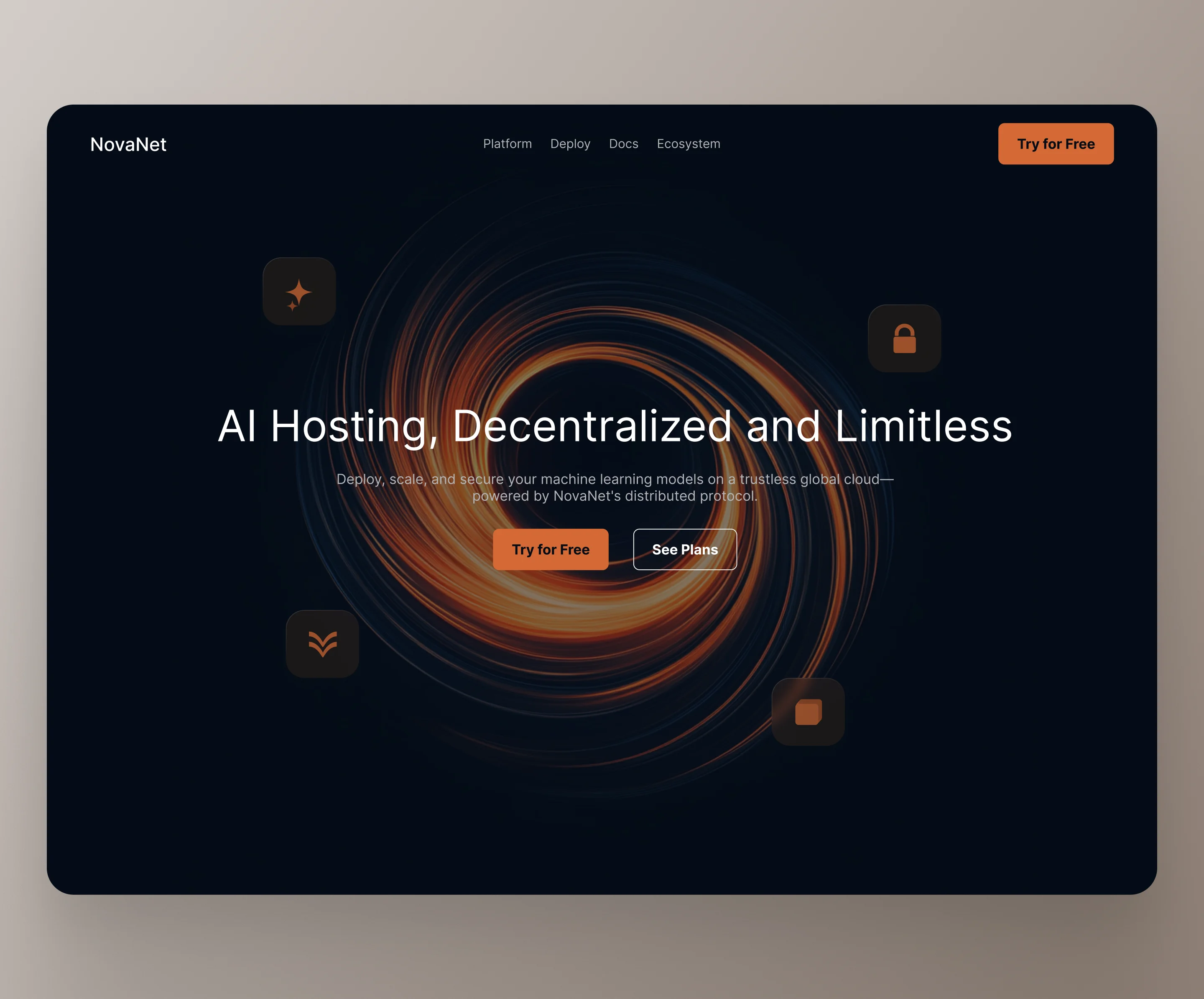 NovaNet – Decentralized AI Hosting Landing Page ai backend branding chainblock clean dark mode decentralised design elegant hero illustration software ui ux