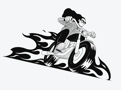 Drive me to hell bike biker black white burn dynamic fire flames freedom hot wheels illustration long hair low angle machine motor motorbike procreate ride rider speed