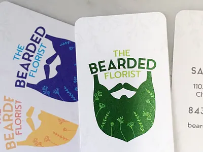 The Bearded Florist Business Cards beard blue branding business card casual colorful curved face floral florist flowers fun green hand drawn illustration logo design orange rounded corners san serif watermark