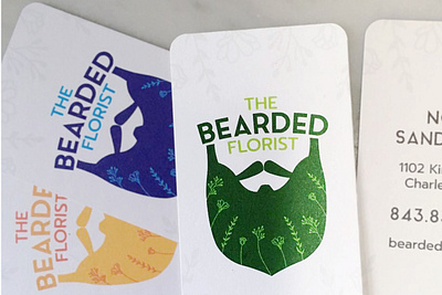 The Bearded Florist Business Cards beard blue branding business card casual colorful curved face floral florist flowers fun green hand drawn illustration logo design orange rounded corners san serif watermark