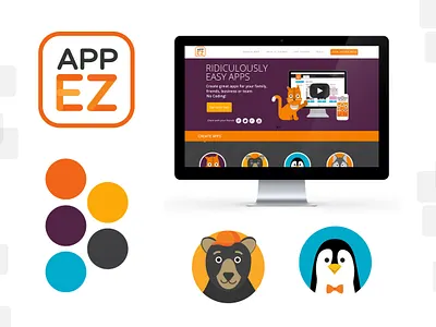 AppEZ Branding and Illustration app app design bear branding cartoon character illustration design illustration lettering logo orange logo penguin type typography website design
