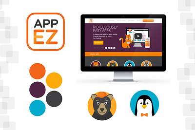 AppEZ Branding and Illustration app app design bear branding cartoon character illustration design illustration lettering logo orange logo penguin type typography website design