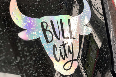 Bull City Decal all caps bull bull city city decal durham face hand lettering holographic horns illustration lettering rain reflective sticker typography