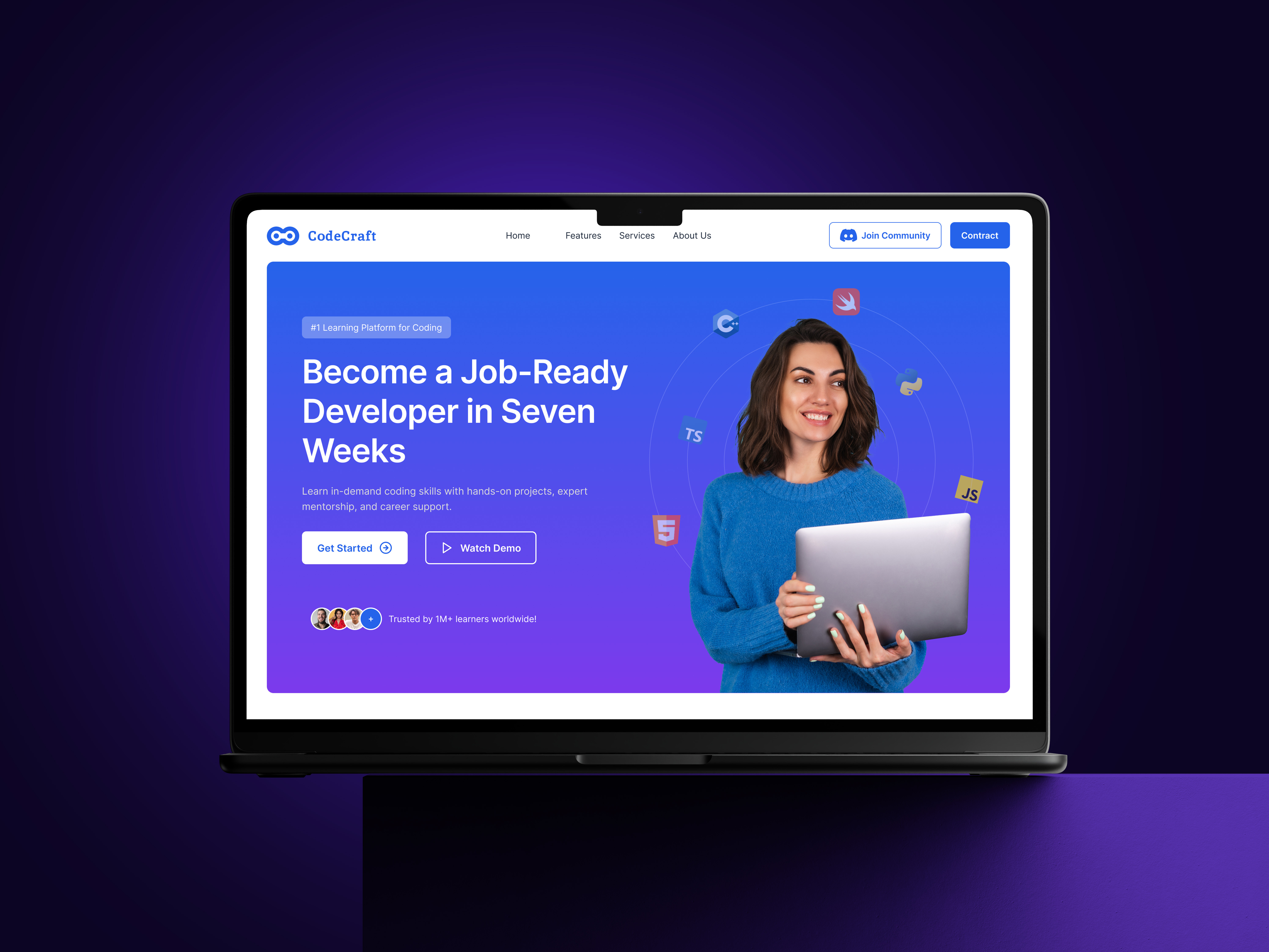 CodeCraft | An Online Coding School for e-Learners branding coding website e learning landing page design logo programming website school ui design uiux design user experience design web design website concept website design