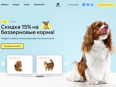 Home screen of the website of food for cats and dogs app branding cat design dogs feed graphic design typography ui ux vector