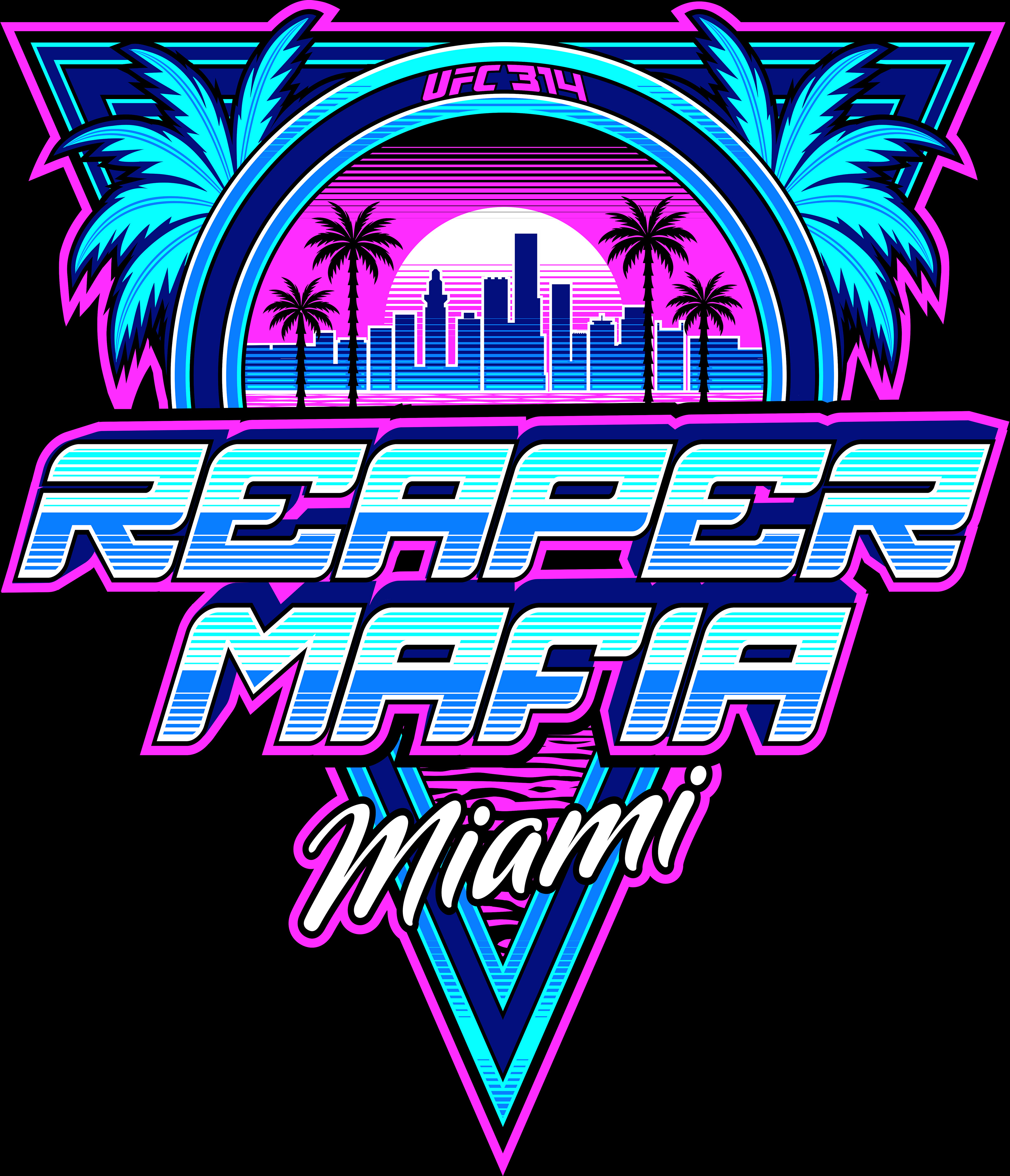 "Reaper Mafia Miami" T-shirt illustration apparel branding design florida illustration illustrations logo logo design martial arts miami mma neon palm trees skyline t shirt ufc vector vector art