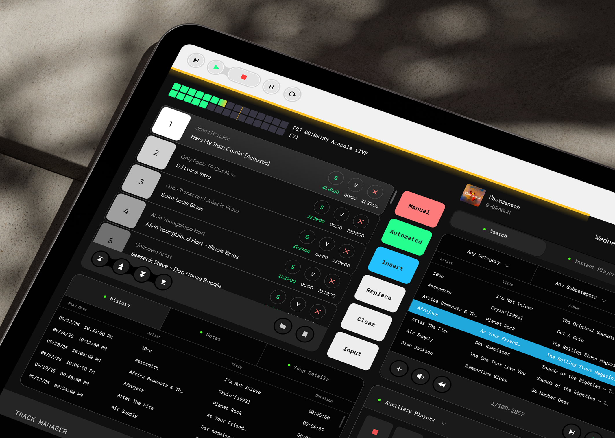 Radio DJ Automatic Software cues dark theme dashboard dj jingles music player radio saftware ui ux