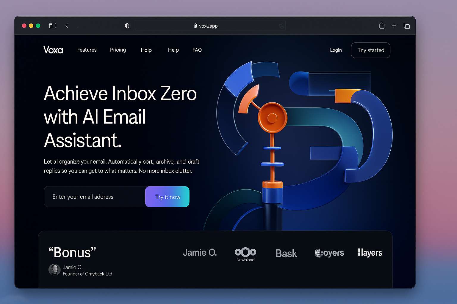 Voxa | AI Email Assistant Landing Page Design 3d ai ai generation tool ai tool design ai tool website ai website branding dark theme design graphic design hero image illustration logo ui user experience user interface web design website website design