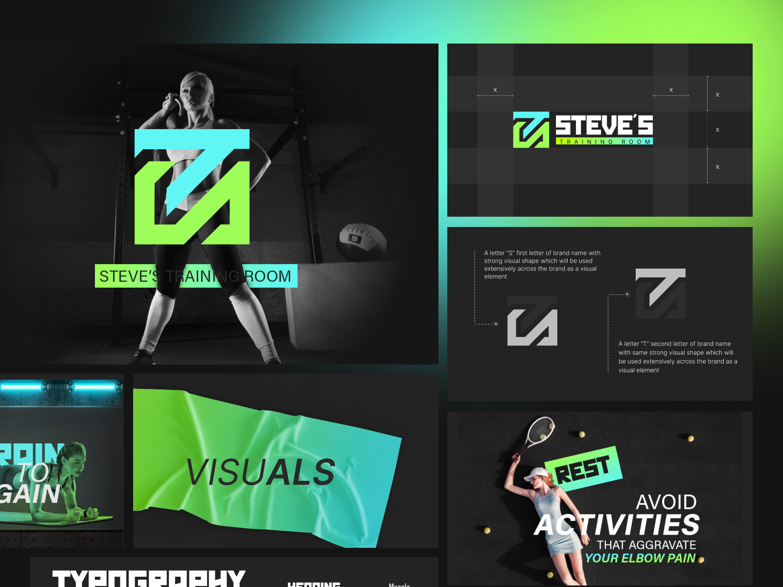 STEEVE'S TRAINING ROOM - BRANDING GUIDELINES - FITNESS BRANDING brand book brand guidelines brand guidline brand identity branding branding 2023 branding book branding guide color palete dark branding fitness branding fitness traning graphic design gym branding logo logo design product mockups social media branding steves fitness room typography