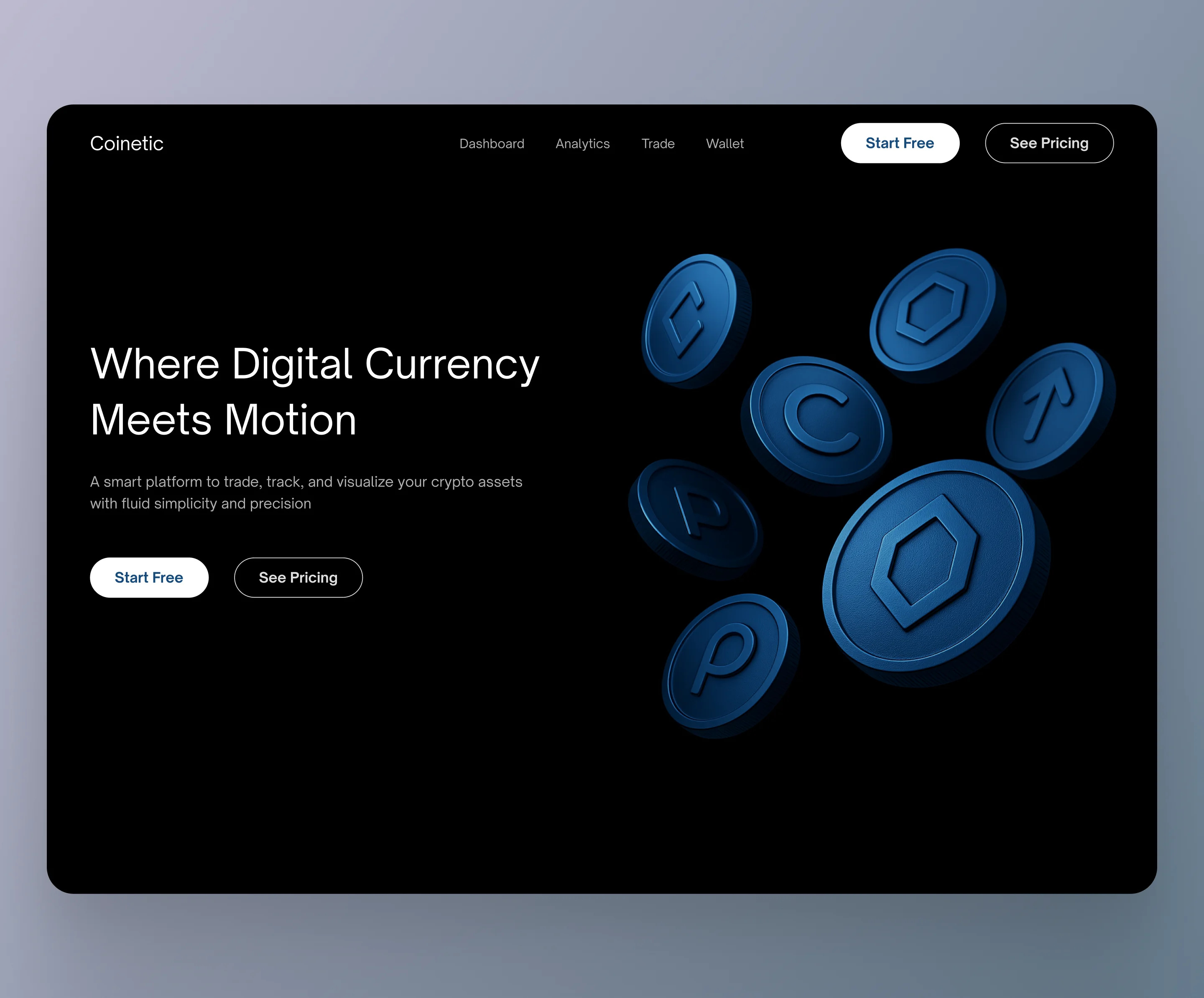 Coinetic — Fluid Crypto Platform UI bank blue branding clean crypto dark mode design elegant hero illustration money ui ux vector