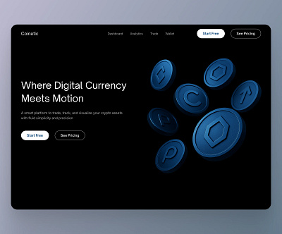 Coinetic — Fluid Crypto Platform UI bank blue branding clean crypto dark mode design elegant hero illustration money ui ux vector
