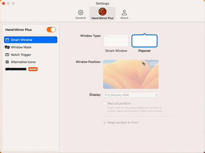 Hand Mirror, Custom macOS UI animation buttons hand mirror macos preferences radio settings toggles ui