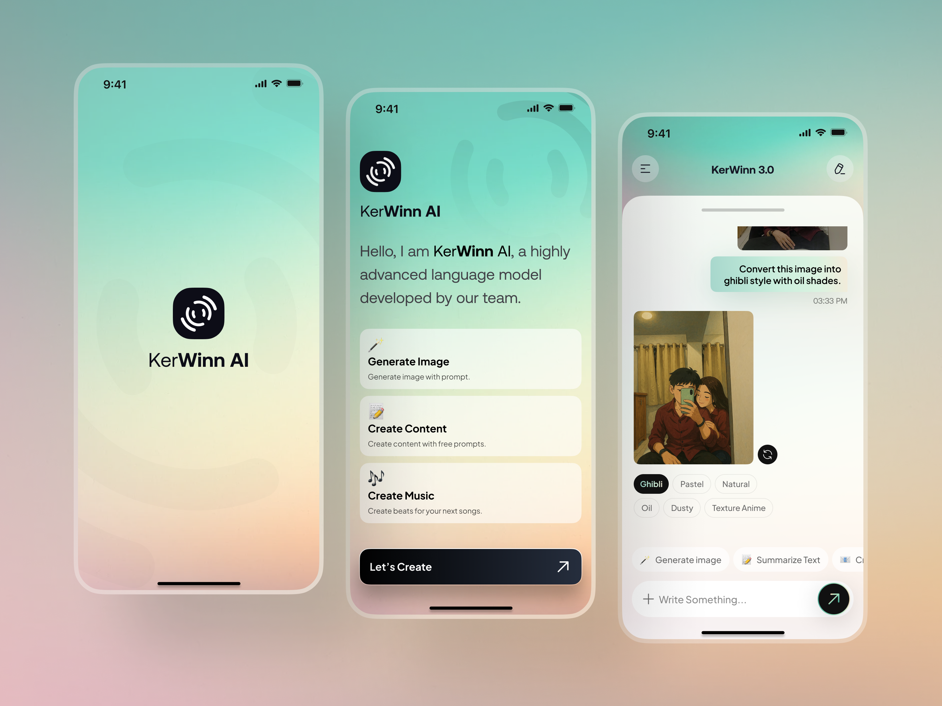 KerWinn: AI Chatbot Mobile App (Ghibli Style) ai assistant ai bot ai chat bot ai chatbot ai chatting artificial intelligence chatbot chatgpt deepseek ai image generator message app minimal design mobile app mobile ui mockups modern app ui open ai virtual assistant