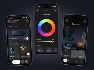 Smart Home Mobile App application concept conditioning dark dark theme design lightning mobile mobile app mobile application mobile design smart home ui uiux ux