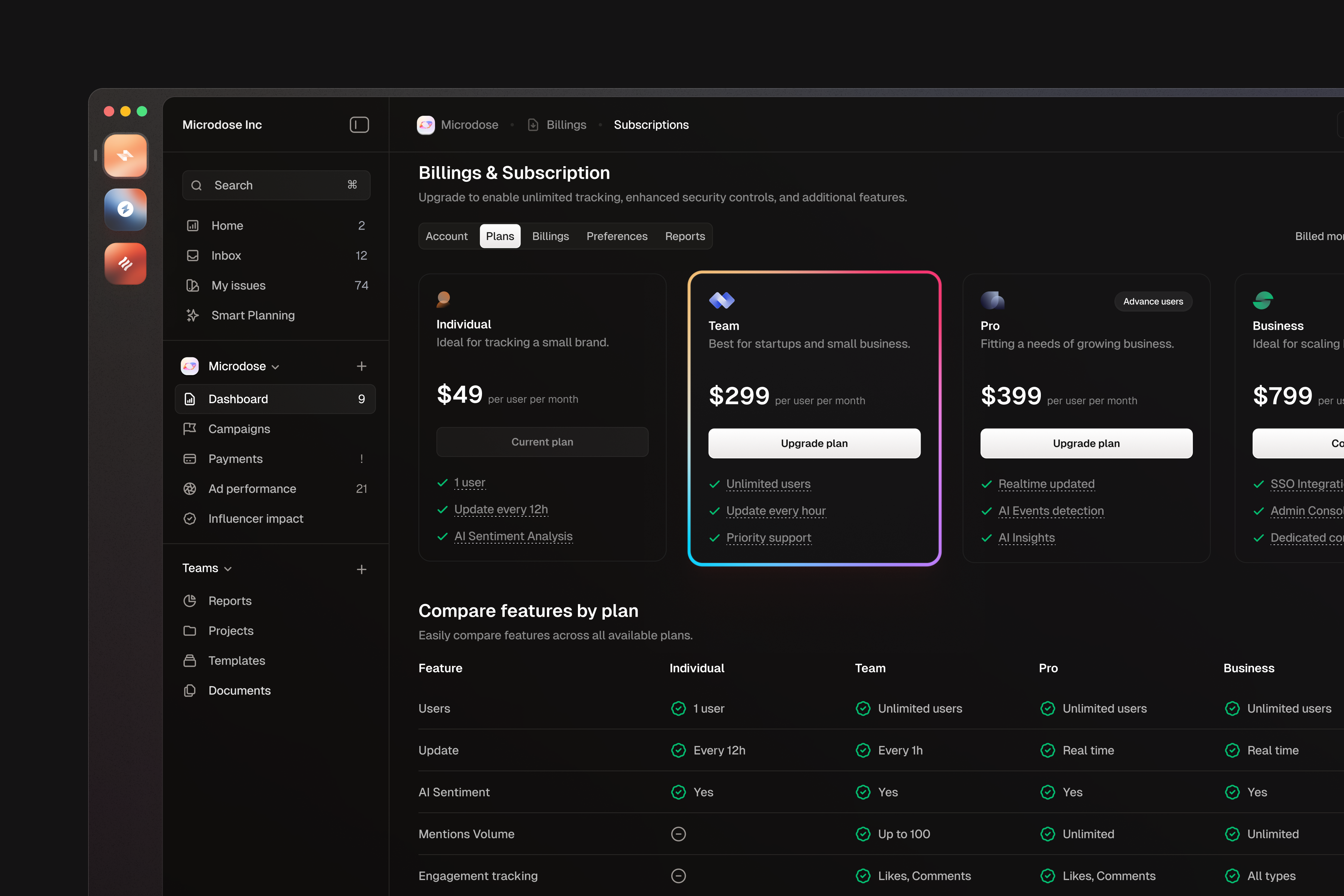 Billing & Subscription app application bachanek chart consumer crm dark dashbaord design kamil microdose mode pricing product saas table ui ux