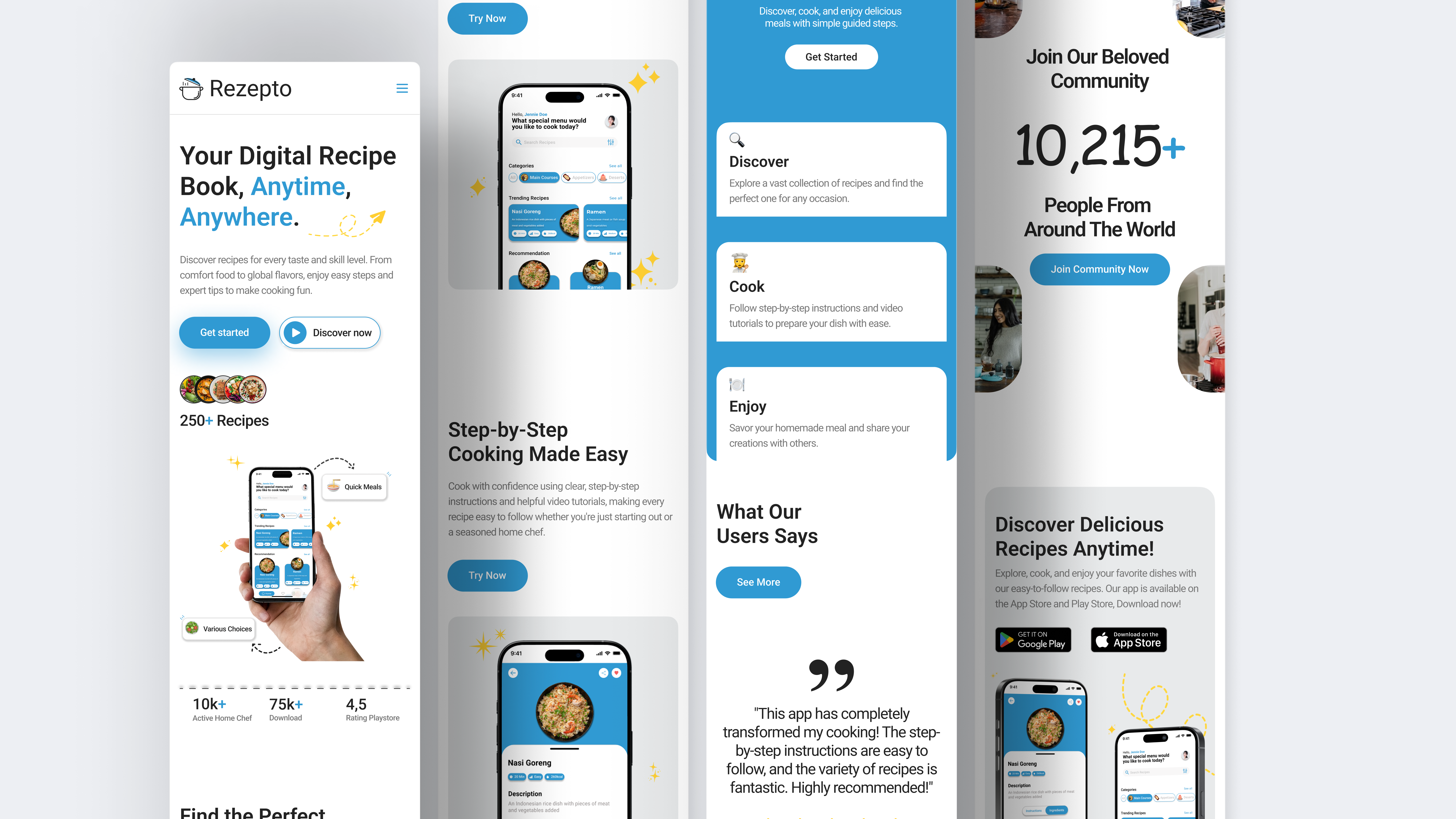 Rezepto - Recipe App Landing Page Responsive Website app blue branding calm design food graphic design illustration indonesia landing page logo pastel recipe rezepto typography ui ux vector website white