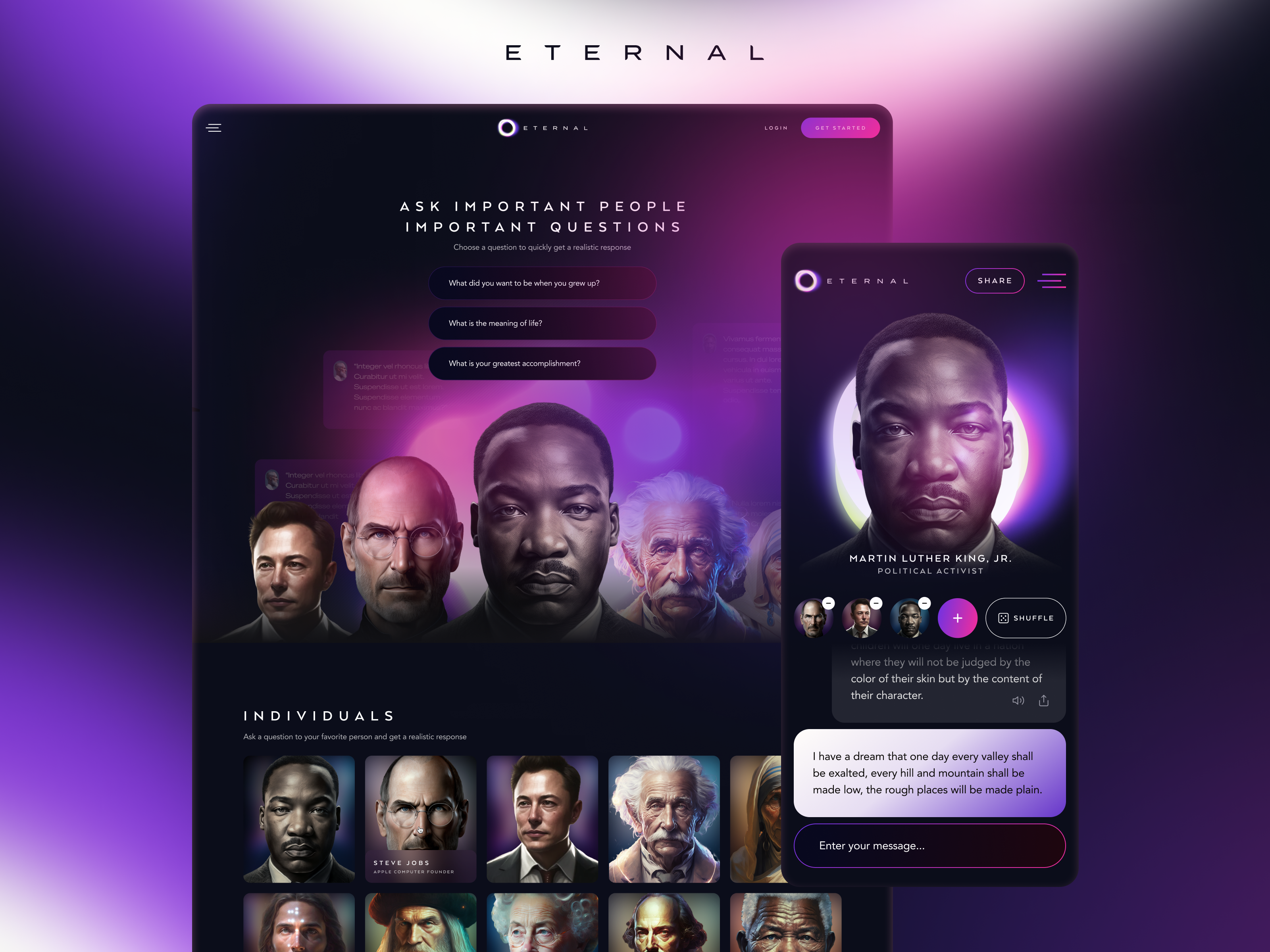 Eternal AI Website agency ai culture eternal famous history jamm jobs landing mlk mobile page people responsive team tool unfold web website