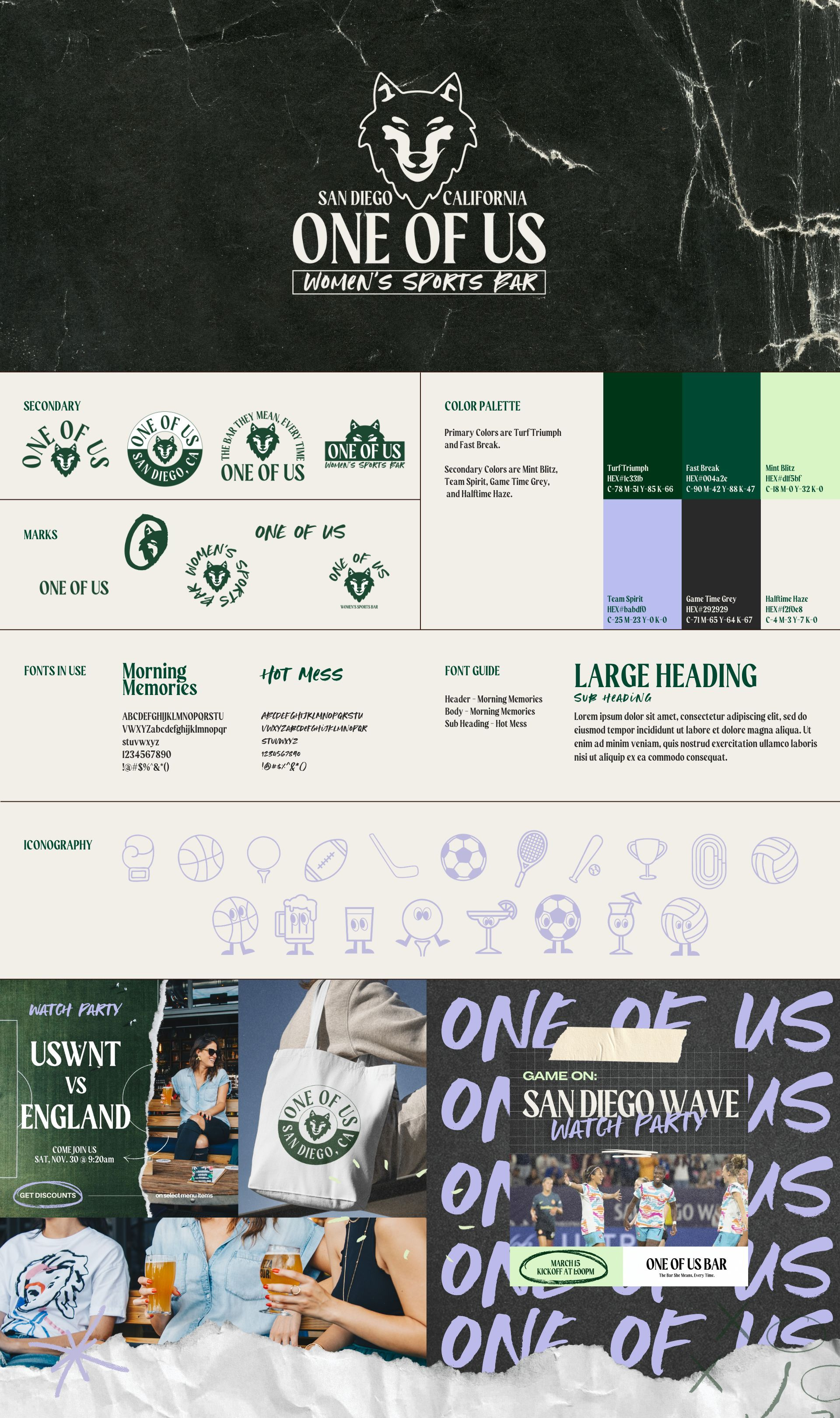 One Of Us - One Sheeter clean design graphic design illustration logo logo design logo guide one of us one sheet one sheeter sports sports bar style guide style sheet wolf wolf logo women womens sports womens sports bar