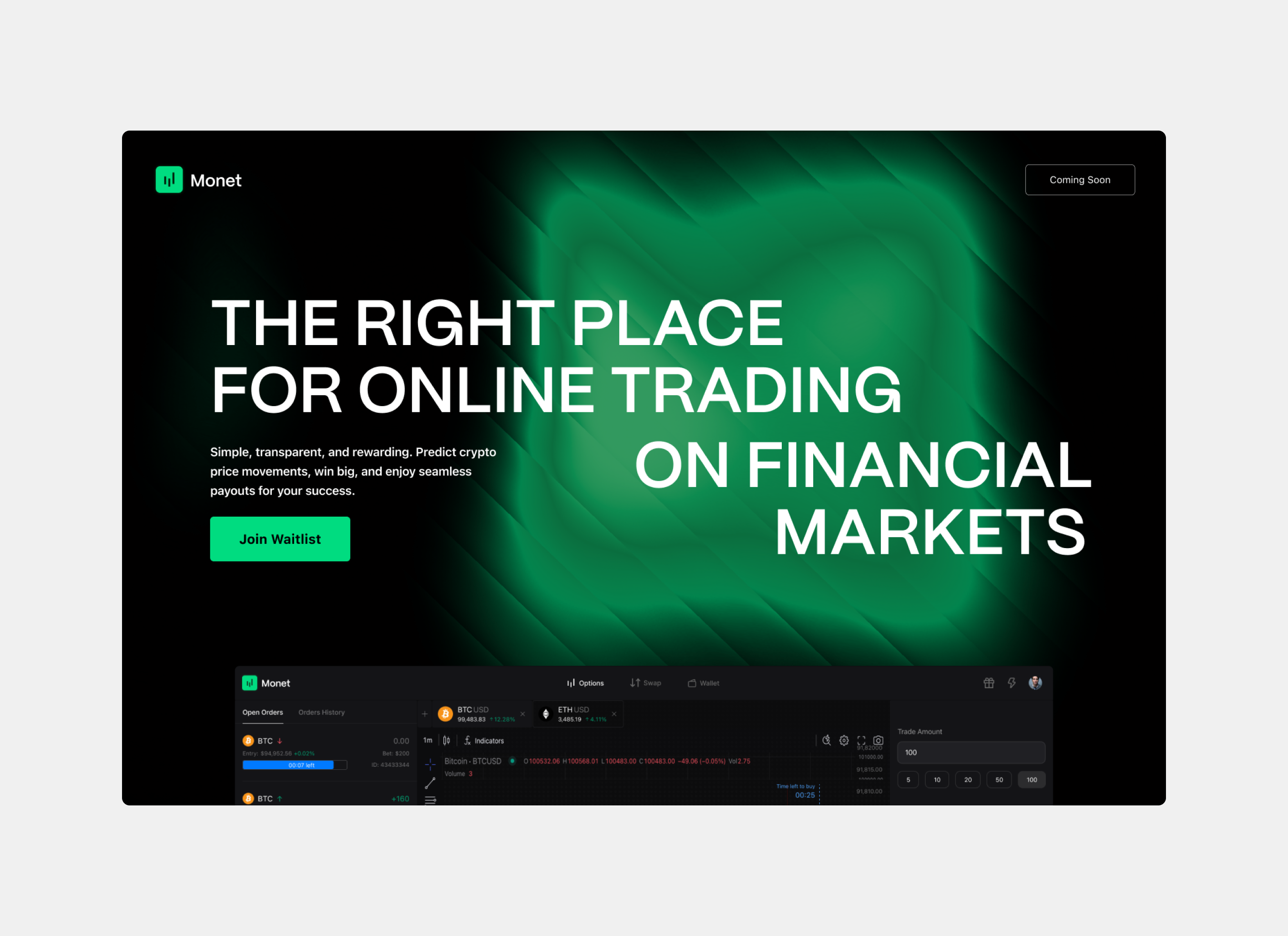 Monet Landing Page crypto fintech ui web