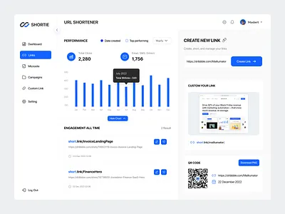 Shortie - Link Shortener Dashboard admin panel analytic barcode biolink campaign component custom link dahboard engagement generator graphs link link shortener microsite performance product qr code qr code generator saas url