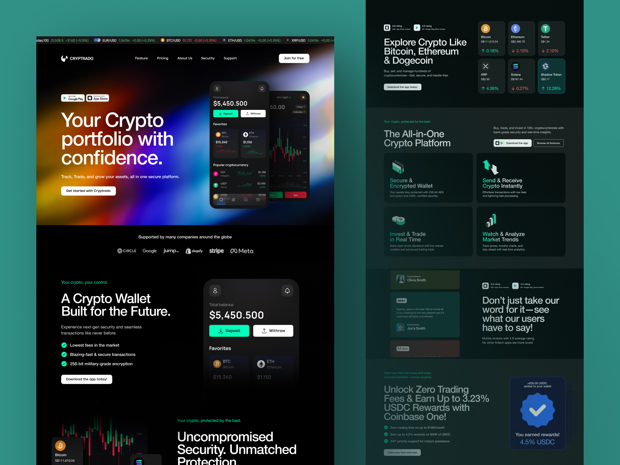 Modern Crypto Landing Page blockchain ui branding crypto landing page crypto wallet design dark mode ui dribbble finance website fintech uiux minimalist ui modern web design trading platform ui uiux