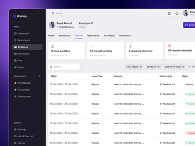 Worksy - Employee Management Time Off Dashboard admin panel app design dark mode dashboard design enterprise software hr tool ios ios app leave management product design saas task management ui ui design uidesign uiux ux design web app web design