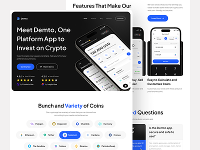 Demto - Crypto Wallet App Landing Page bitcoin clean crypto cryptocurrencies design investment landing page stock trading ui uidesign web design website design