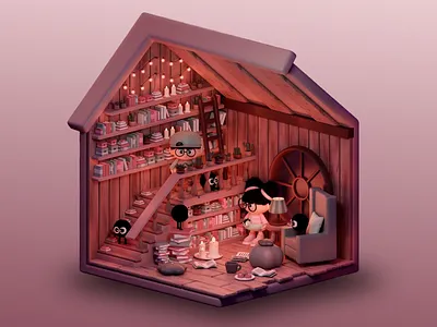 Cozy Library Interior 3D Design 3d 3d art 3d art work 3d design 3d fantasy decor 3d model abstract art books cartoonish characters cozy creative home interior interior interior design library library 3d lights micro living miniature warm colors