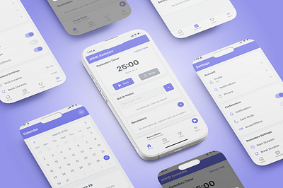 Focus Assistant App adhd app design calendar design focus pomodoro timer reminder ui