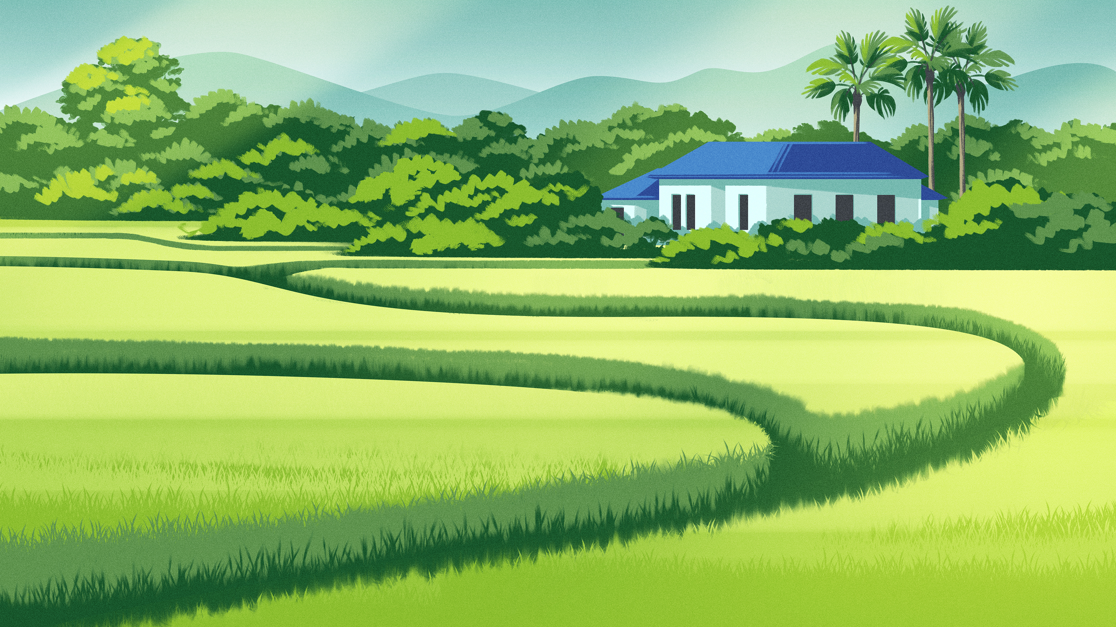 Indonesian rice fields colorful ecosystem grass green house illustration indonesia landscape mountains nature palm tree rainforest rice field summer texture trees