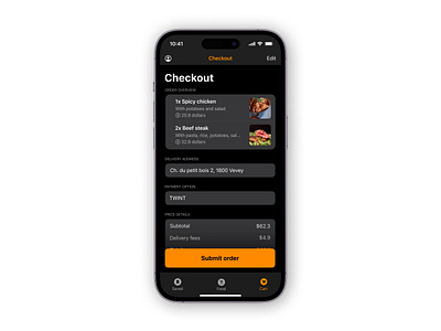 Food delivery app app application checkout clean concept daily ui dailyui dark design food delivery fooddelivery interface minimal minimalist mobile orange ui ui design uidesign user interface